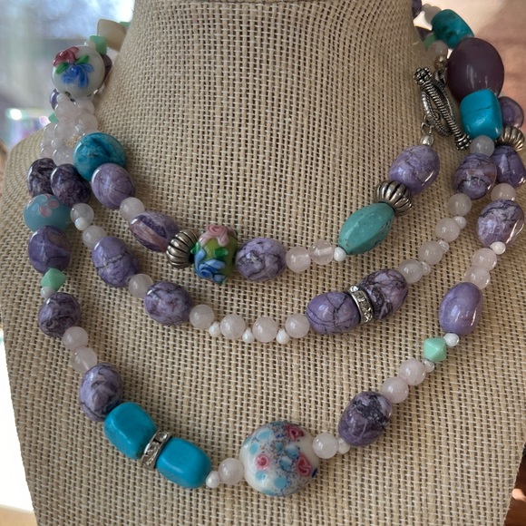 Handmade extra long floral glass bead & gemstone crystal cottagecore necklace - Picture 2 of 6